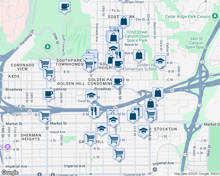 map of restaurants, bars, coffee shops, grocery stores, and more near 2957 C Street in San Diego