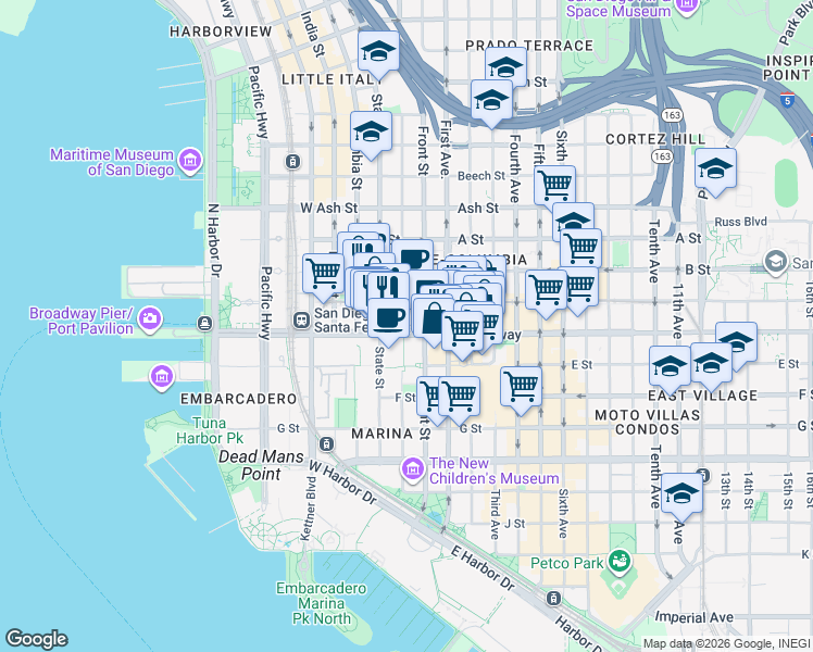 map of restaurants, bars, coffee shops, grocery stores, and more near 220 West Broadway in San Diego