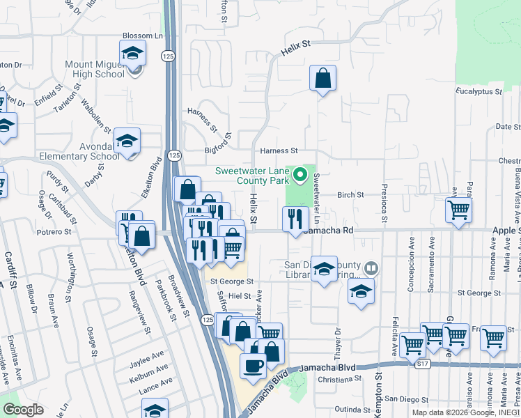 map of restaurants, bars, coffee shops, grocery stores, and more near 1145 Helix Street in Spring Valley
