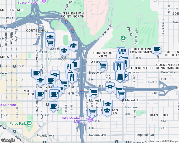 map of restaurants, bars, coffee shops, grocery stores, and more near 2434-38 Broadway in San Diego