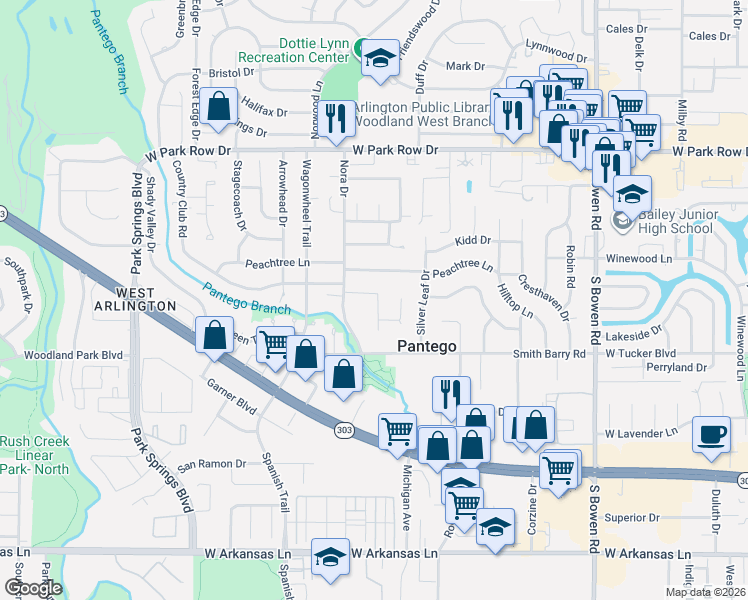 map of restaurants, bars, coffee shops, grocery stores, and more near 12 Grant Place in Pantego