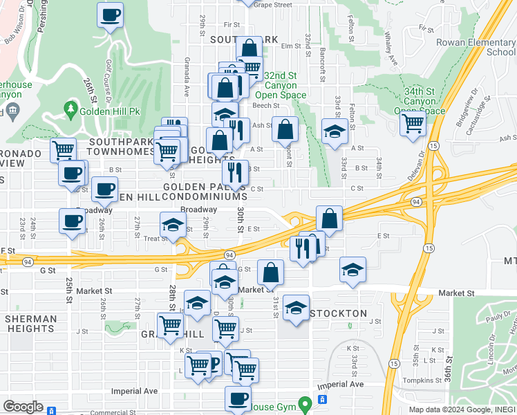 map of restaurants, bars, coffee shops, grocery stores, and more near 3046 Broadway in San Diego