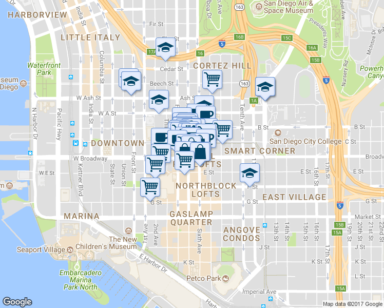 map of restaurants, bars, coffee shops, grocery stores, and more near 427 C Street in San Diego