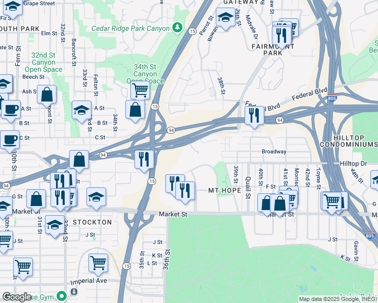 map of restaurants, bars, coffee shops, grocery stores, and more near 3675 Federal Boulevard in San Diego