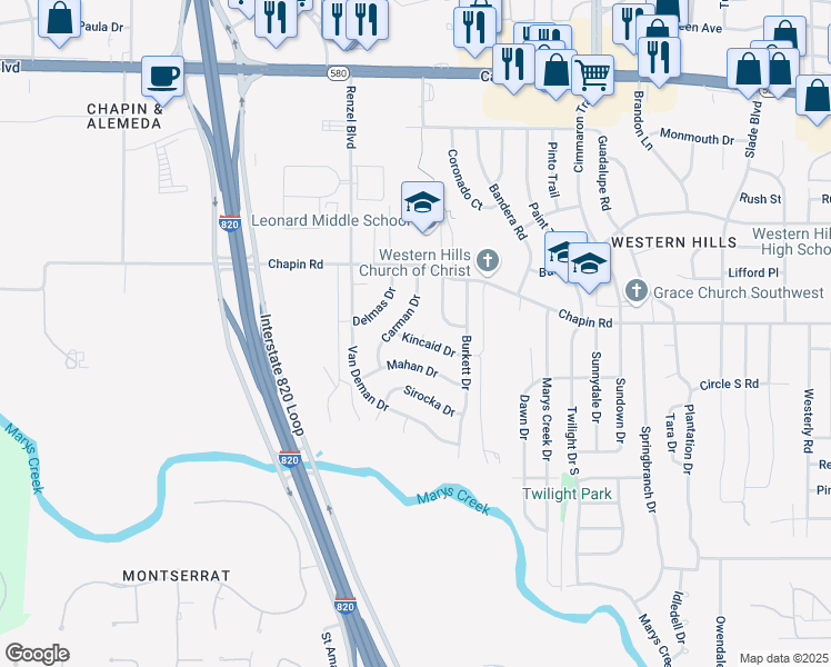 map of restaurants, bars, coffee shops, grocery stores, and more near 3832 Carman Drive in Benbrook