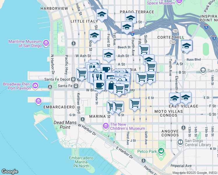 map of restaurants, bars, coffee shops, grocery stores, and more near 1034 Front Street in San Diego