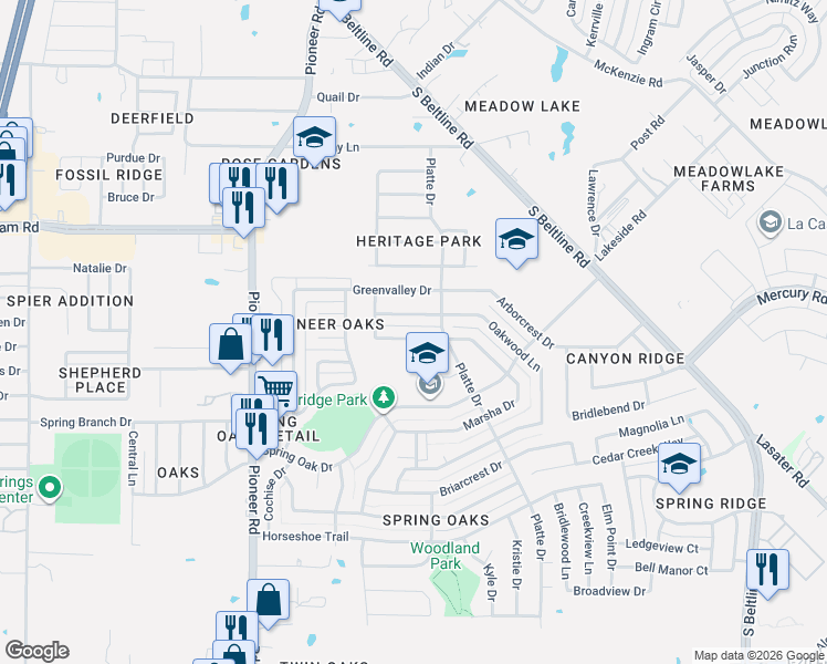 map of restaurants, bars, coffee shops, grocery stores, and more near 15107 Oakwood Lane in Balch Springs
