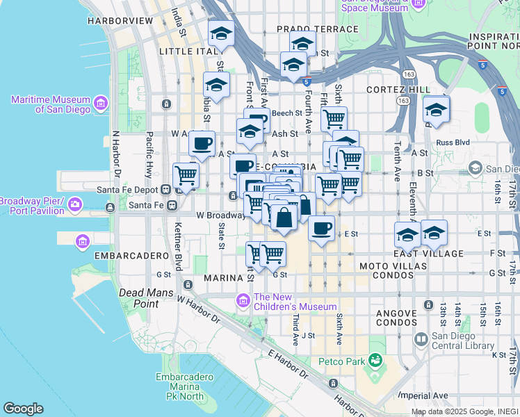 map of restaurants, bars, coffee shops, grocery stores, and more near 116 W Broadway in San Diego