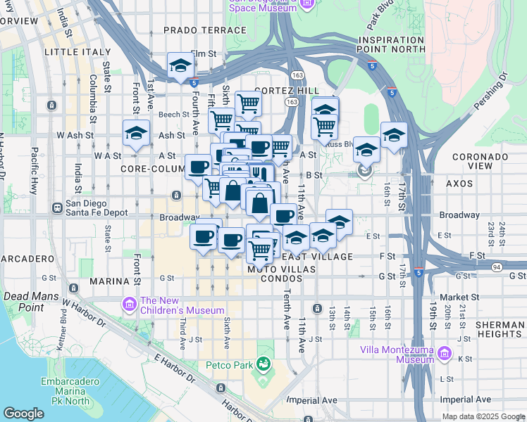 map of restaurants, bars, coffee shops, grocery stores, and more near 1060 Eighth Avenue in San Diego