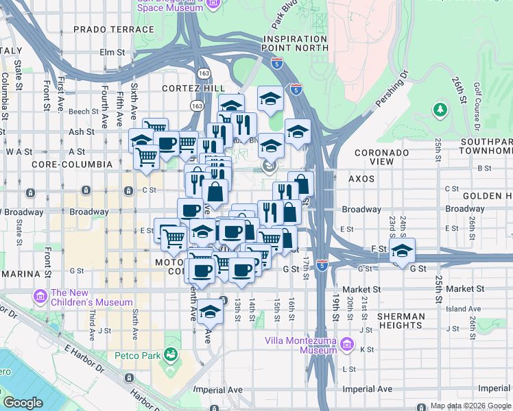 map of restaurants, bars, coffee shops, grocery stores, and more near 1059 14th Street in San Diego