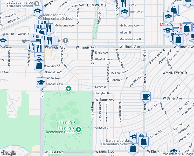 map of restaurants, bars, coffee shops, grocery stores, and more near 1634 McAdams Avenue in Dallas