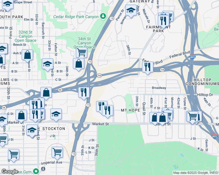 map of restaurants, bars, coffee shops, grocery stores, and more near 3675 Federal Boulevard in San Diego