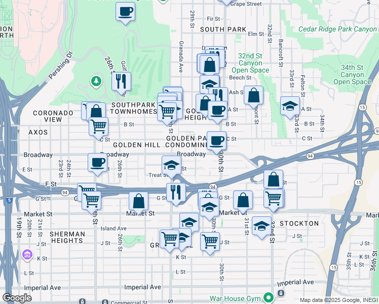 map of restaurants, bars, coffee shops, grocery stores, and more near in San Diego