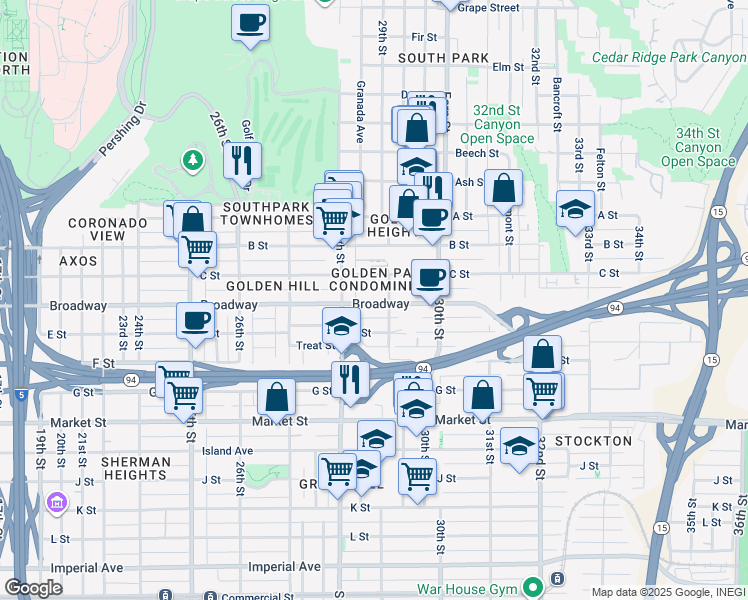 map of restaurants, bars, coffee shops, grocery stores, and more near in San Diego