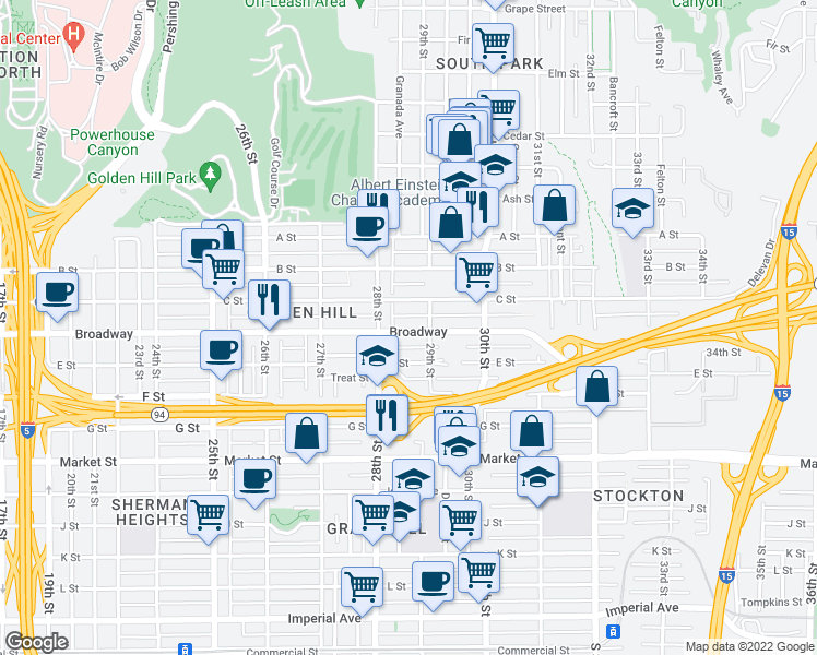 map of restaurants, bars, coffee shops, grocery stores, and more near in San Diego