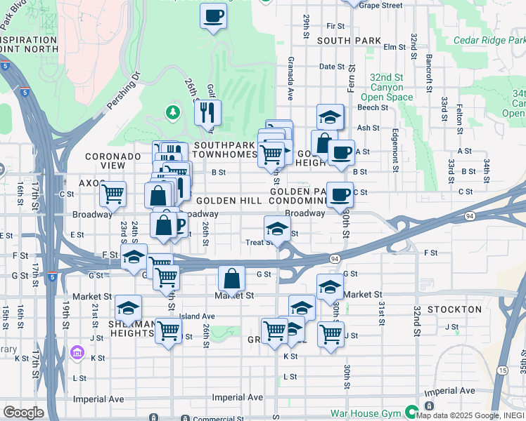 map of restaurants, bars, coffee shops, grocery stores, and more near 2741 C Street in San Diego