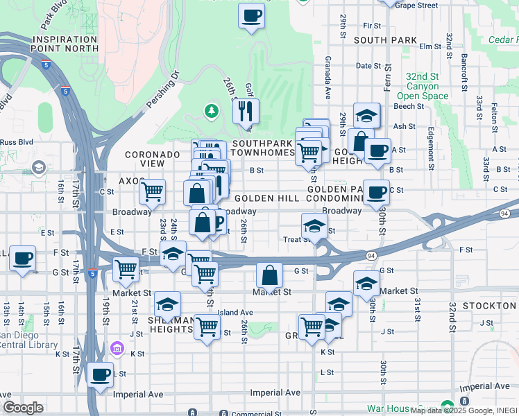 map of restaurants, bars, coffee shops, grocery stores, and more near in San Diego