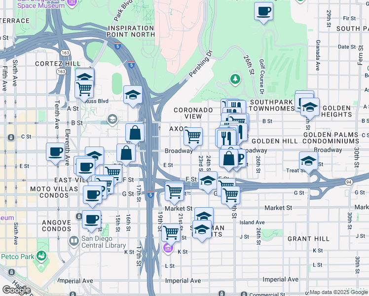 map of restaurants, bars, coffee shops, grocery stores, and more near 1055 22nd Street in San Diego