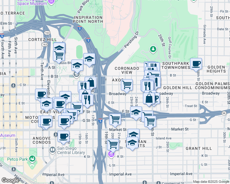 map of restaurants, bars, coffee shops, grocery stores, and more near 1055 20th Street in San Diego