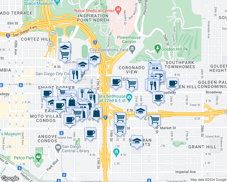 map of restaurants, bars, coffee shops, grocery stores, and more near 1055 19th Street in San Diego