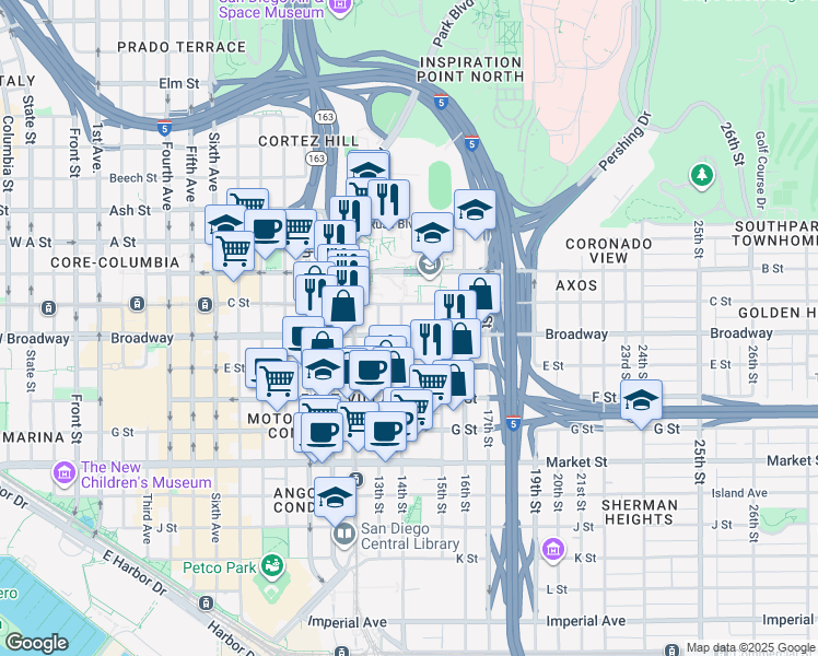 map of restaurants, bars, coffee shops, grocery stores, and more near 1059 14th Street in San Diego