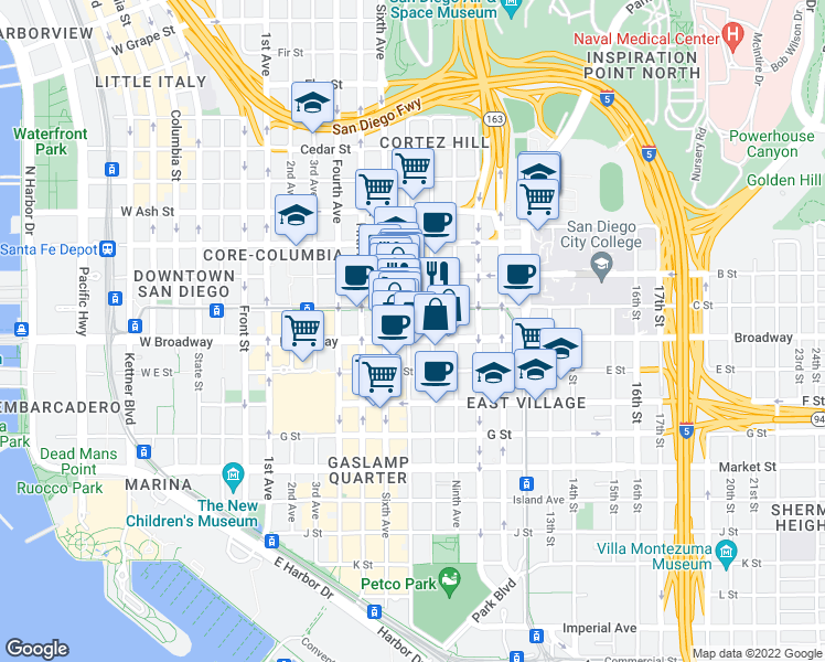 map of restaurants, bars, coffee shops, grocery stores, and more near 1060 Eighth Avenue in San Diego