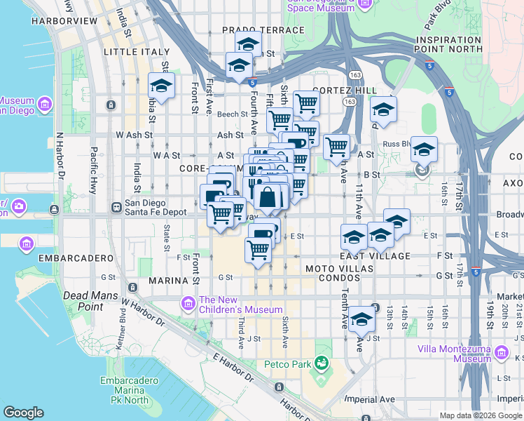map of restaurants, bars, coffee shops, grocery stores, and more near 427 C Street in San Diego