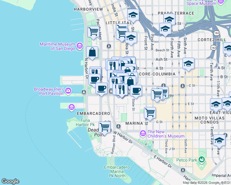 map of restaurants, bars, coffee shops, grocery stores, and more near 600 West Broadway in San Diego