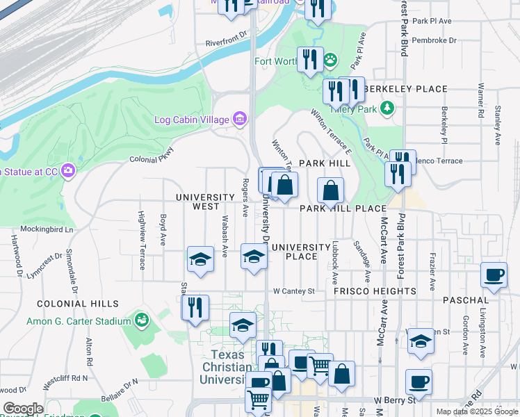 map of restaurants, bars, coffee shops, grocery stores, and more near 2966 Park Hill Drive in Fort Worth