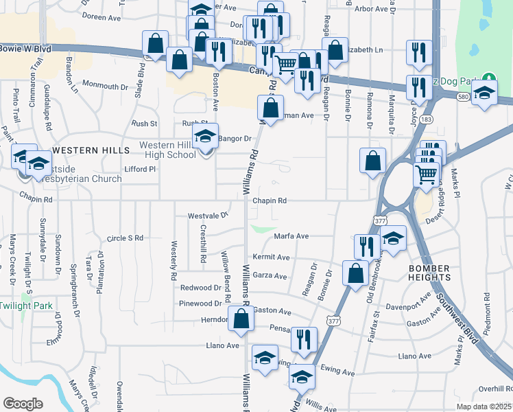 map of restaurants, bars, coffee shops, grocery stores, and more near 7860 Chapin Road in Fort Worth