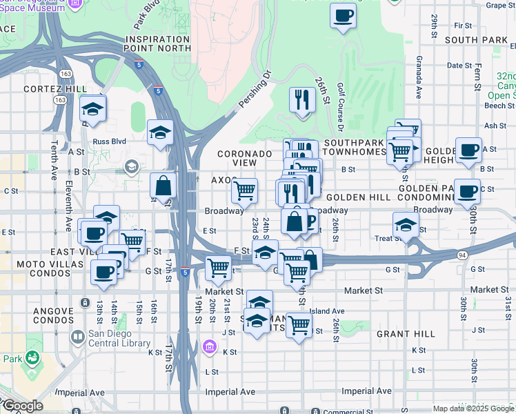 map of restaurants, bars, coffee shops, grocery stores, and more near 2302 Broadway in San Diego