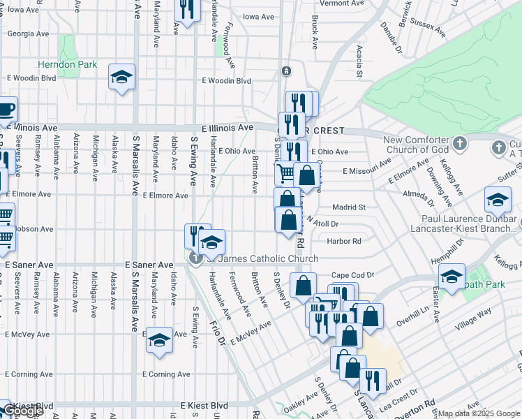 map of restaurants, bars, coffee shops, grocery stores, and more near 2618 Britton Drive in Dallas