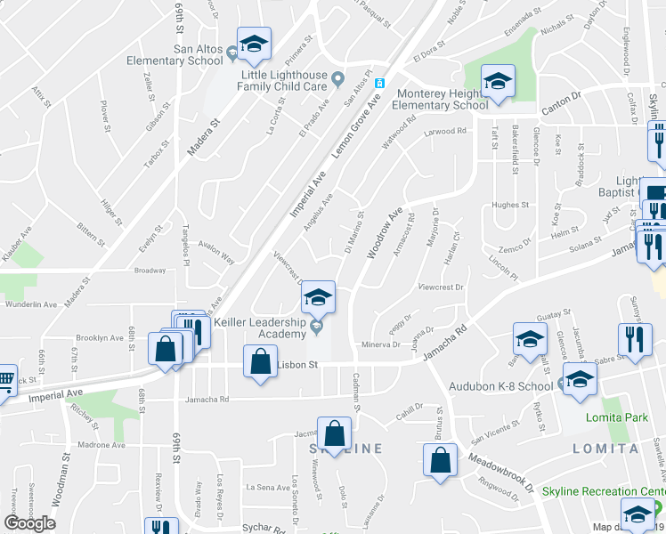map of restaurants, bars, coffee shops, grocery stores, and more near 936 Dimarino Street in San Diego