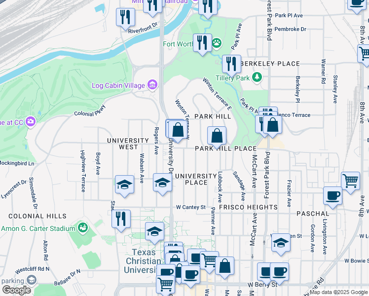 map of restaurants, bars, coffee shops, grocery stores, and more near 2966 Park Hill Drive in Fort Worth