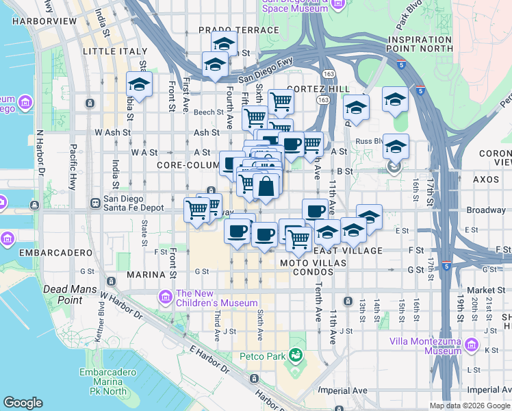 map of restaurants, bars, coffee shops, grocery stores, and more near 530 Broadway in San Diego