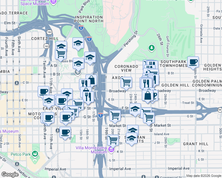 map of restaurants, bars, coffee shops, grocery stores, and more near 1944-48 Broadway in San Diego