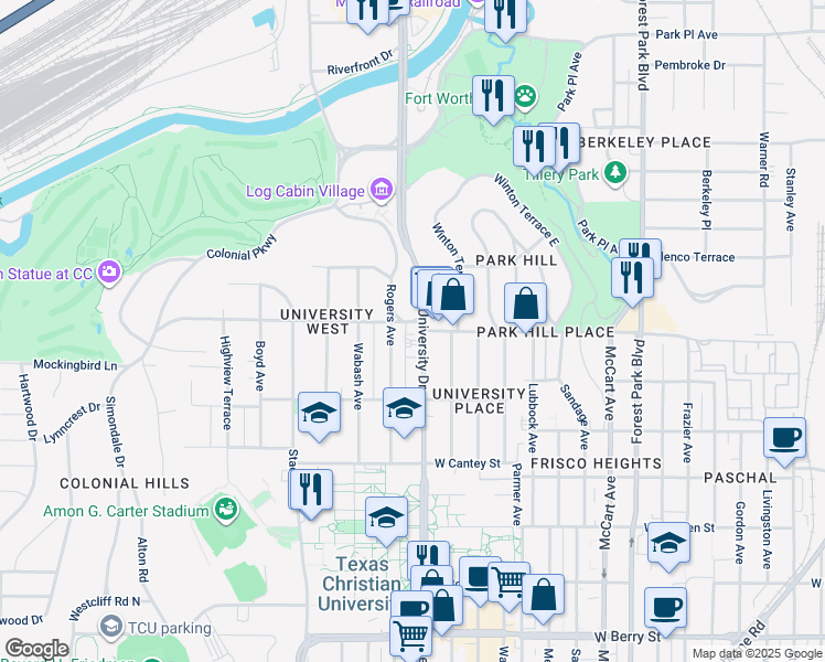 map of restaurants, bars, coffee shops, grocery stores, and more near 2500 South University Drive in Fort Worth