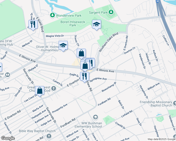 map of restaurants, bars, coffee shops, grocery stores, and more near 3022 East Illinois Avenue in Dallas