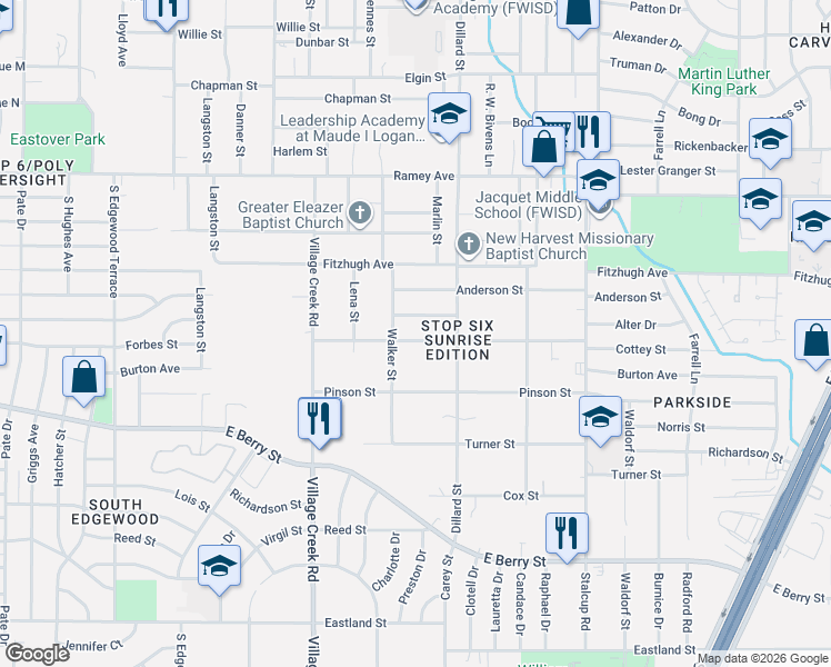 map of restaurants, bars, coffee shops, grocery stores, and more near 5108 Sears Drive in Fort Worth