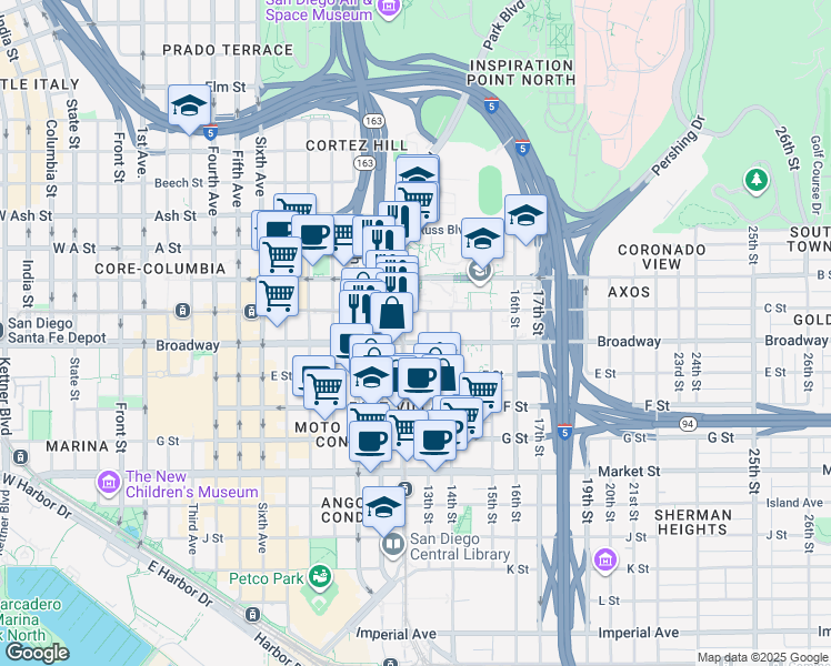 map of restaurants, bars, coffee shops, grocery stores, and more near in San Diego