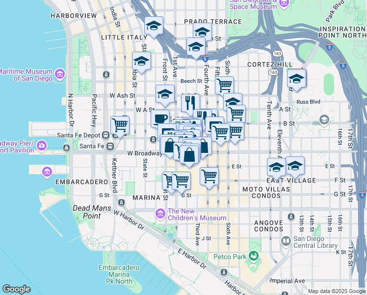 map of restaurants, bars, coffee shops, grocery stores, and more near 116 West Broadway in San Diego