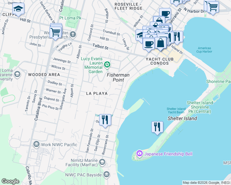 map of restaurants, bars, coffee shops, grocery stores, and more near 776 Rosecrans Street in San Diego