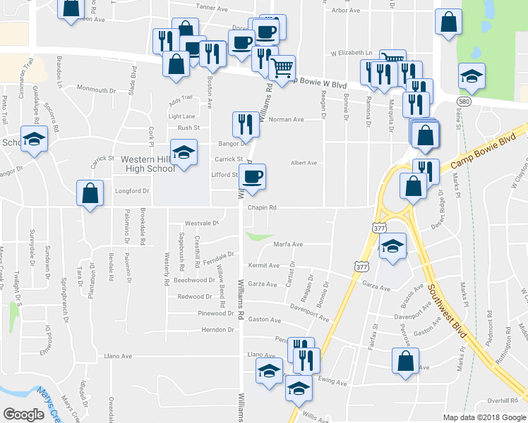 map of restaurants, bars, coffee shops, grocery stores, and more near 3802 Coates Circle in Benbrook