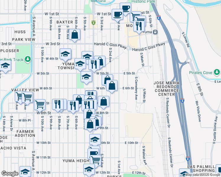 map of restaurants, bars, coffee shops, grocery stores, and more near 201 West 6th Street in Yuma