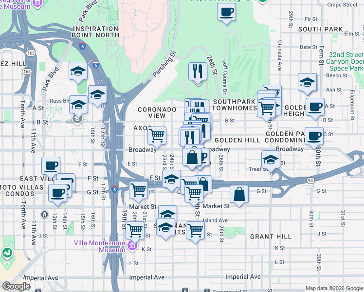 map of restaurants, bars, coffee shops, grocery stores, and more near 2434-38 Broadway in San Diego