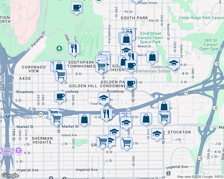 map of restaurants, bars, coffee shops, grocery stores, and more near in San Diego