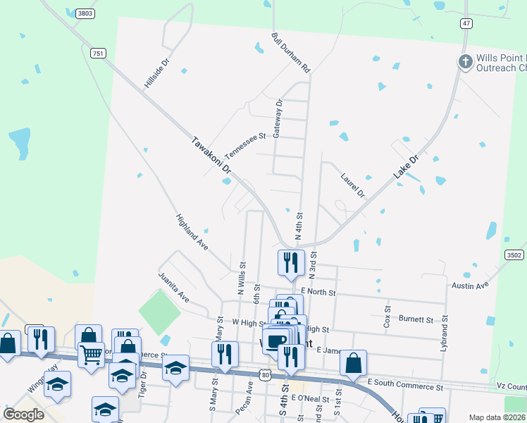 map of restaurants, bars, coffee shops, grocery stores, and more near County Road 751 in Wills Point
