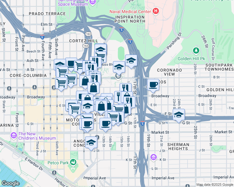 map of restaurants, bars, coffee shops, grocery stores, and more near in San Diego