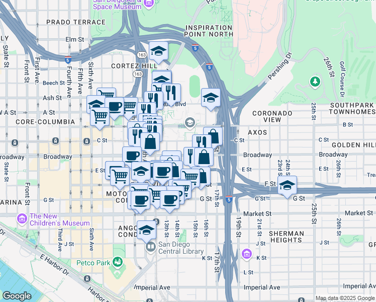 map of restaurants, bars, coffee shops, grocery stores, and more near in San Diego