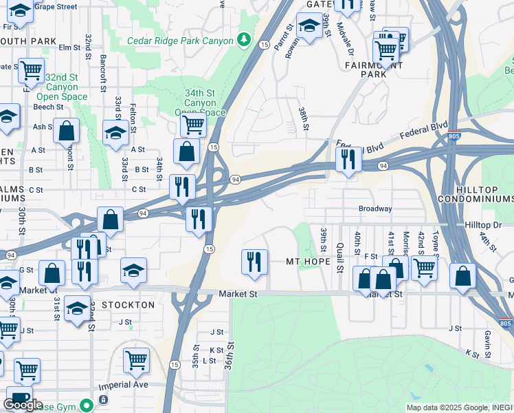 map of restaurants, bars, coffee shops, grocery stores, and more near 3625 Federal Boulevard in San Diego